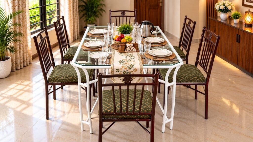 6 seater glass dining table with chairs by Tuba Furniture, Pune