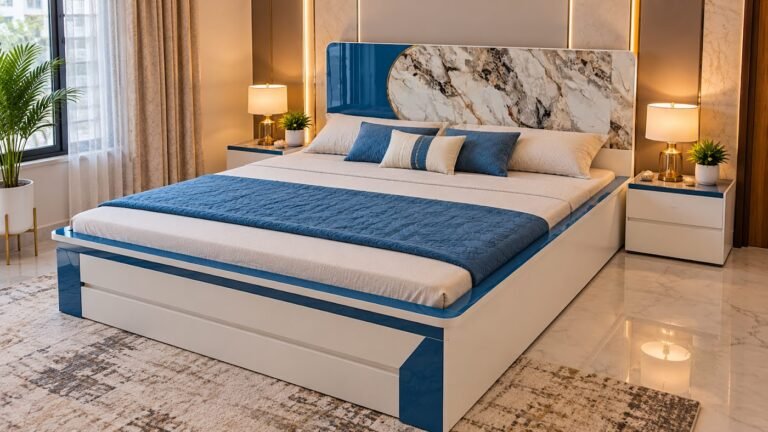 Blue and marble double bed by Tuba Furniture, Pune