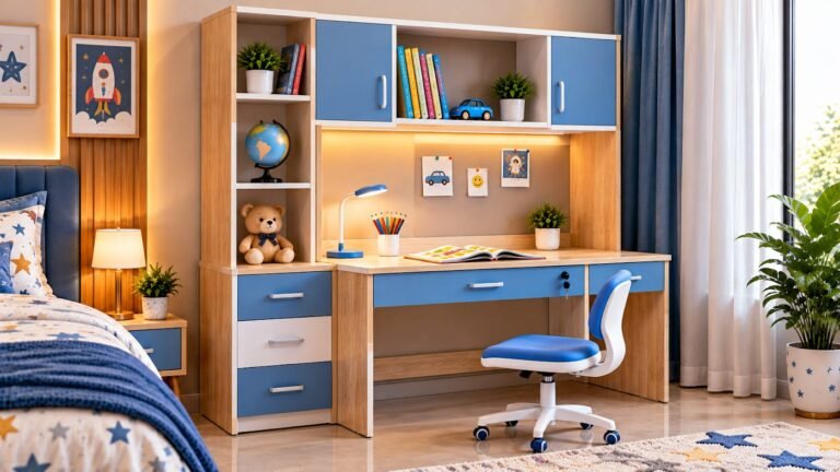 Blue and oak kids study table by Tuba Furniture, Pune