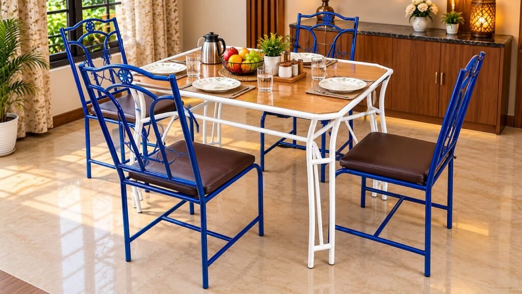 Blue dining table and chairs by Tuba Furniture, Pune