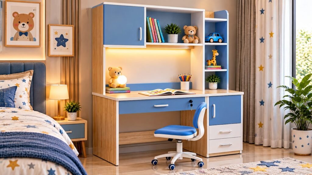 Blue kids study table by Tuba Furniture, Pune