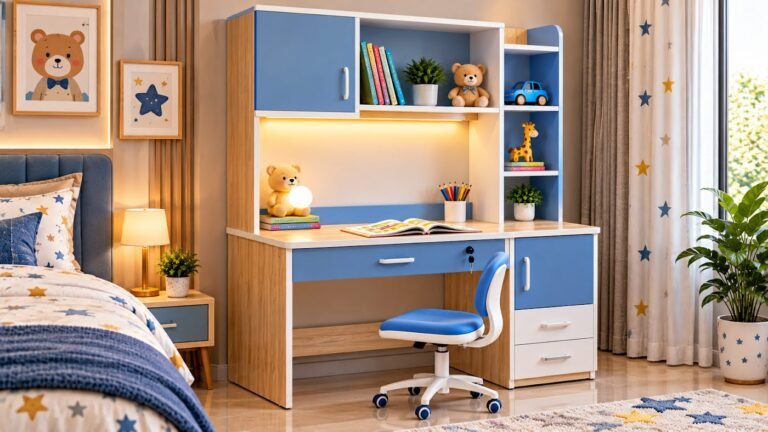 Blue kids study table by Tuba Furniture, Pune