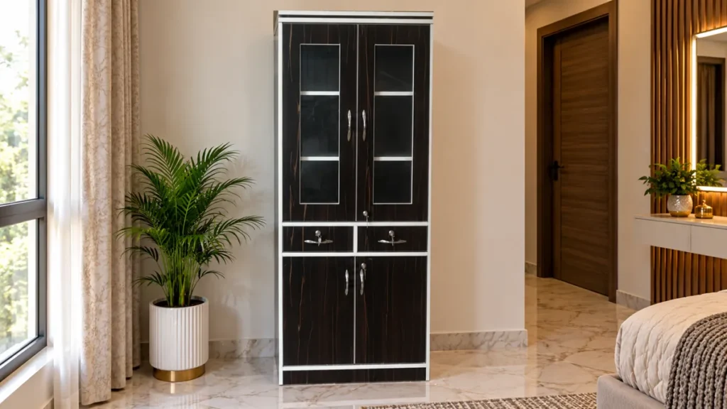 Dark wood glass-door bookshelf cabinet with drawers by Tuba Furniture, Pune