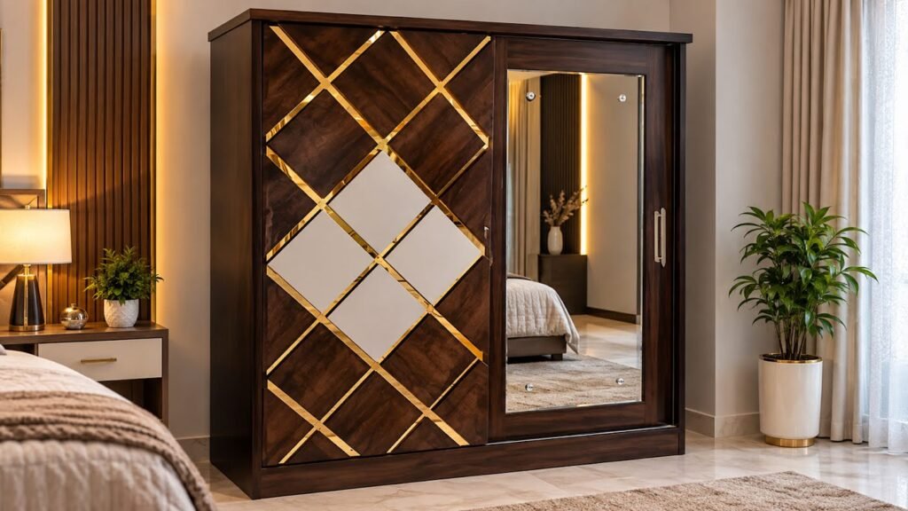 Brown and gold luxury wardrobe by Tuba Furniture, Pune