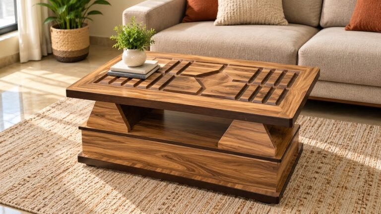 Carved walnut center table by Tuba Furniture, Pune