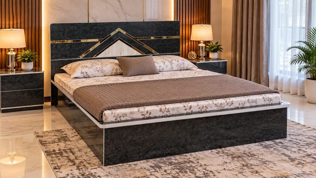 Charcoal marble finish double bed by Tuba Furniture, Pune