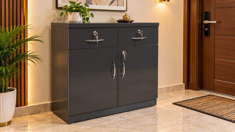Charcoal shoe rack cabinet by Tuba Furniture, Pune