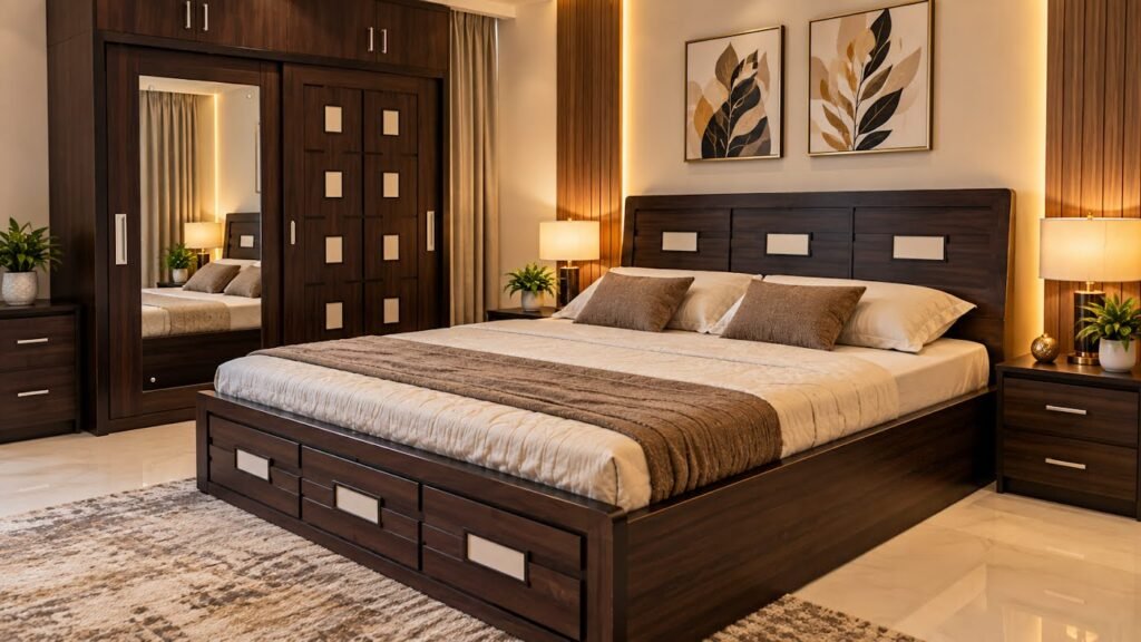 Cozy modern walnut double bed by Tuba Furniture, Pune