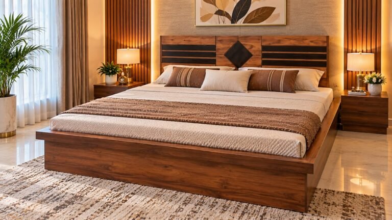 Cozy walnut double bed by Tuba Furniture, Pune