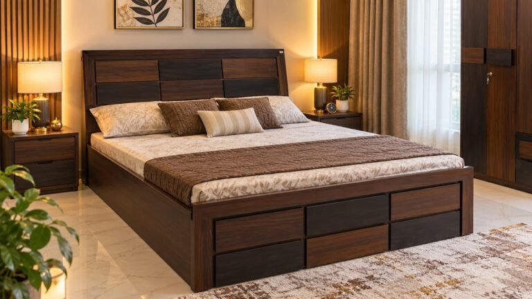 Dark wood double bed by Tuba Furniture, Pune
