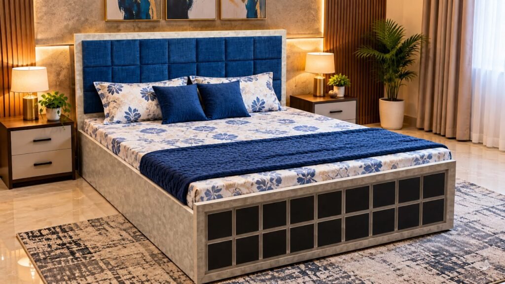 Double bed with blue accents by Tuba Furniture, Pune