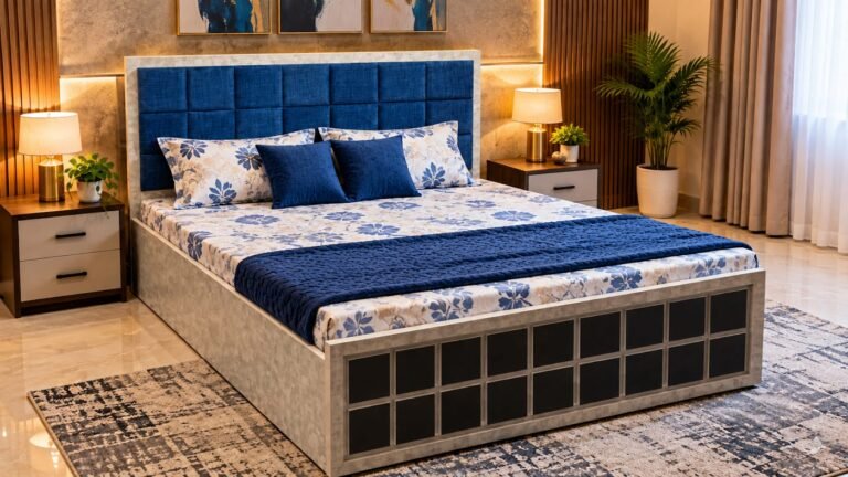 Double bed with blue accents by Tuba Furniture, Pune