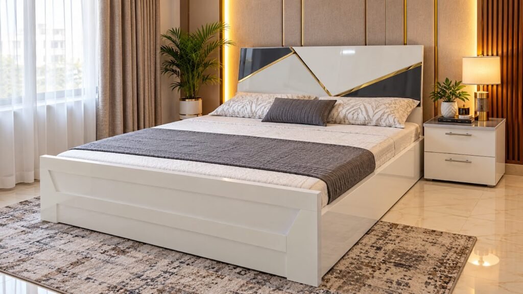 Double bed with geometric headboard by Tuba Furniture, Pune