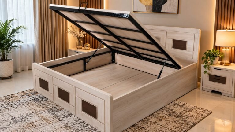 Double bed with open storage by Tuba Furniture, Pune