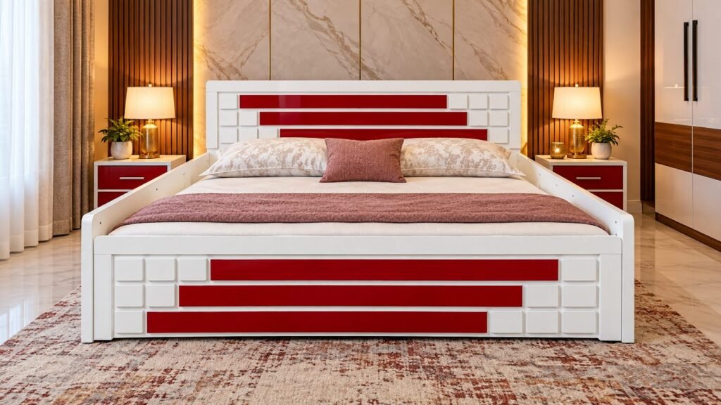 Double bed with red accents by Tuba Furniture, Pune