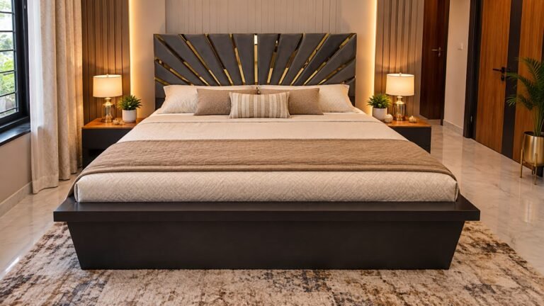 Double bed with sunburst headboard by Tuba Furniture, Pune