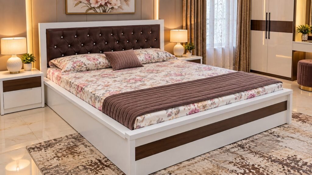 Double bed with tufted headboard by Tuba Furniture, Pune