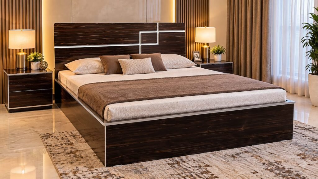 Elegant dark wood double bed by Tuba Furniture, Pune