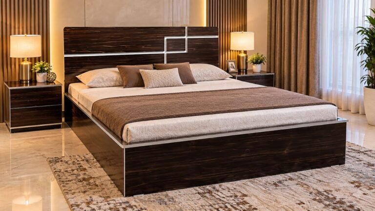 Elegant dark wood double bed by Tuba Furniture, Pune
