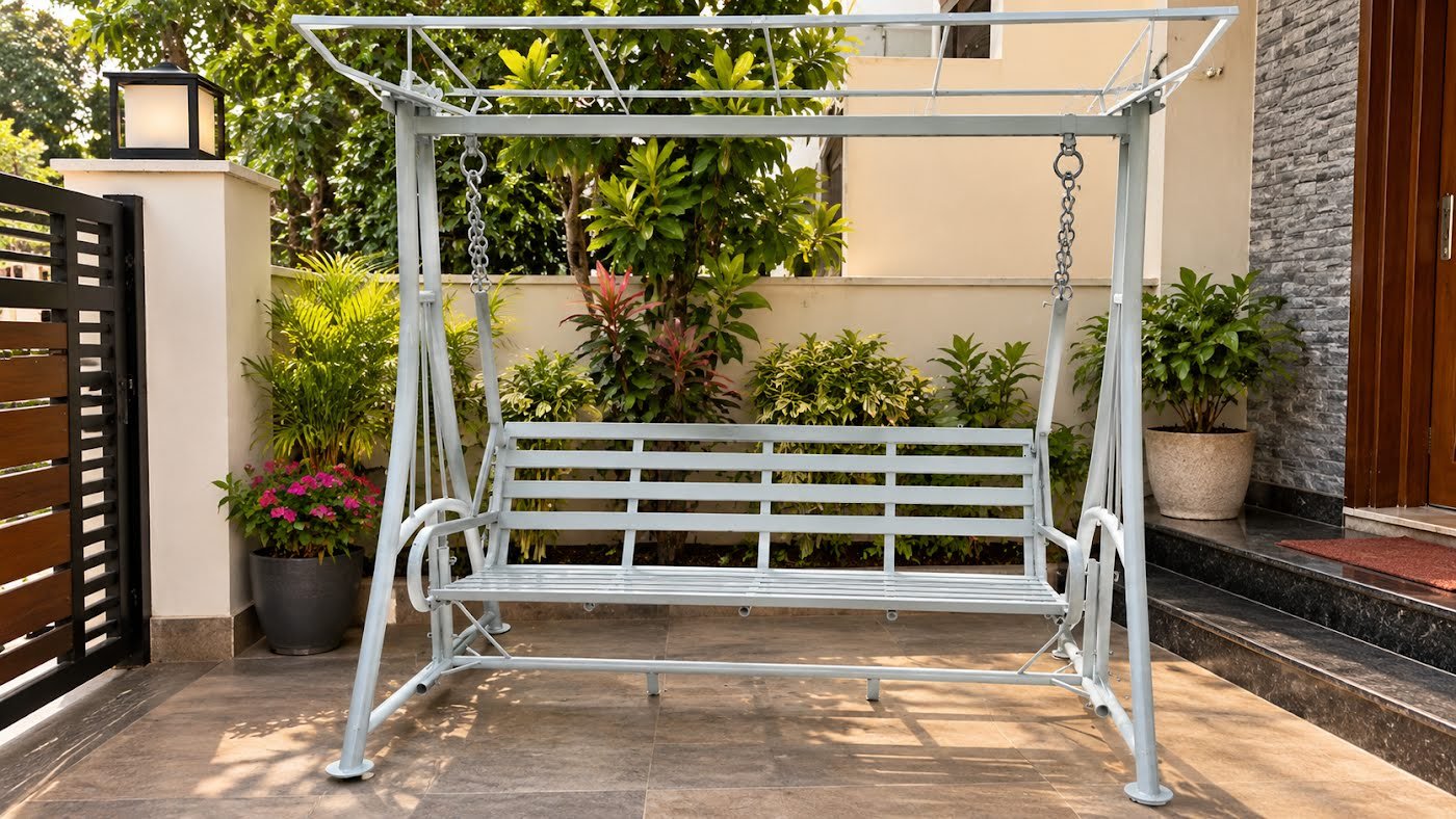 White metal jhula swing, 2 and 3 seater, for garden and terrace by Tuba Furniture, Pune