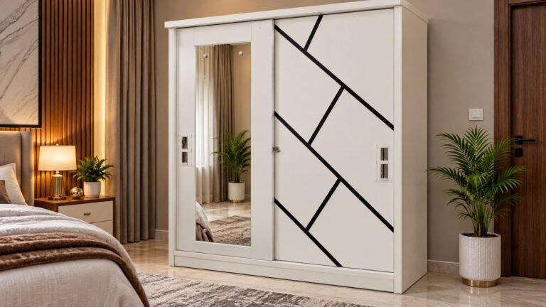 Geometric design wardrobe for bedroom by Tuba Furniture, Pune