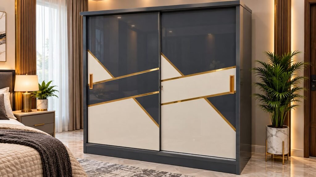 Geometric gold-trimmed wardrobe by Tuba Furniture, Pune