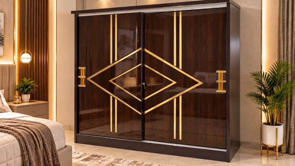 Geometric gold wardrobe for luxury bedroom by Tuba Furniture, Pune