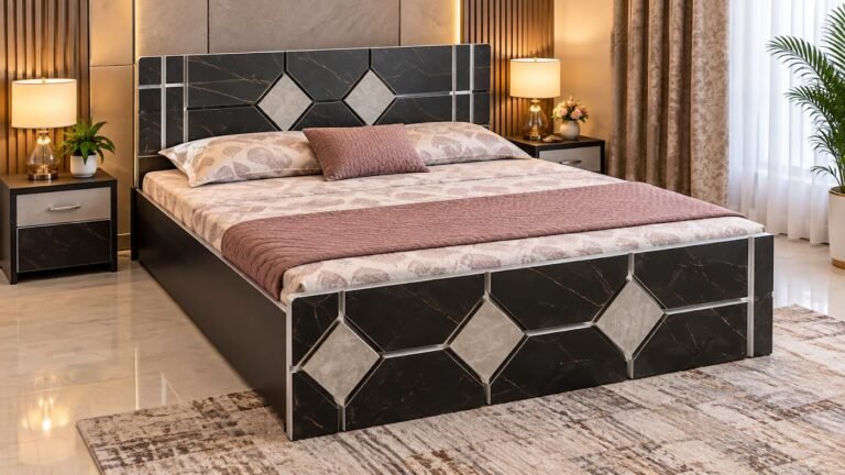 Geometric marble finish double bed by Tuba Furniture, Pune
