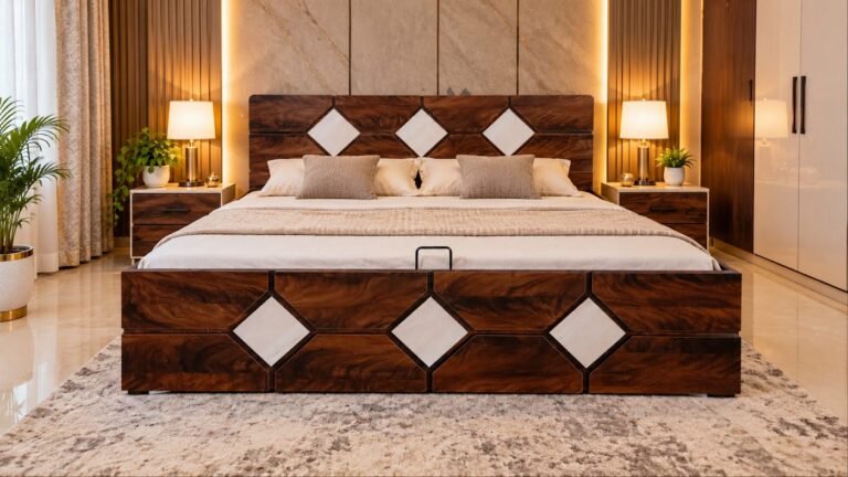 Geometric walnut double bed by Tuba Furniture, Pune
