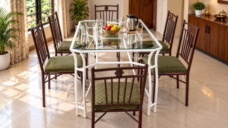 Glass top dining table with chairs by Tuba Furniture, Pune