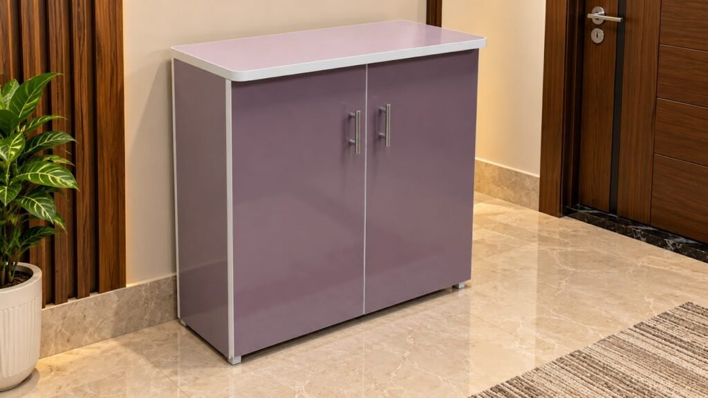 Glossy lilac shoe rack cabinet by Tuba Furniture, Pune