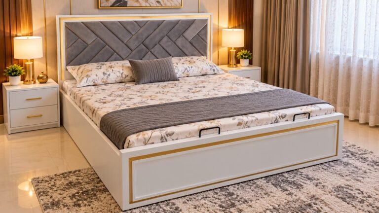 Gold-trimmed double bed by Tuba Furniture, Pune