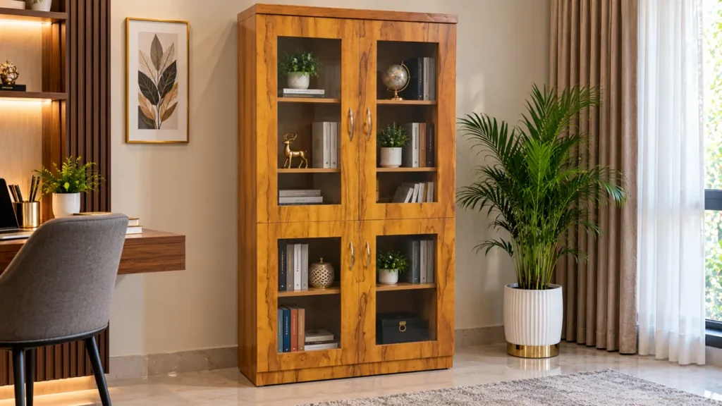 Wooden glass-door bookshelf cabinet in home office