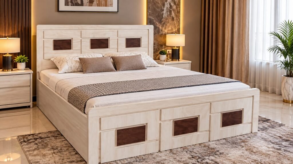 Light wood double bed by Tuba Furniture, Pune