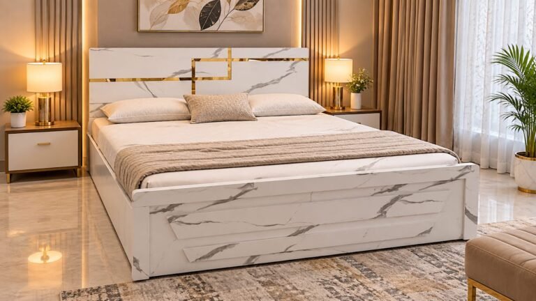 Luxurious marble finish double bed by Tuba Furniture, Pune