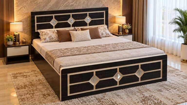 Luxury geometric double bed by Tuba Furniture, Pune