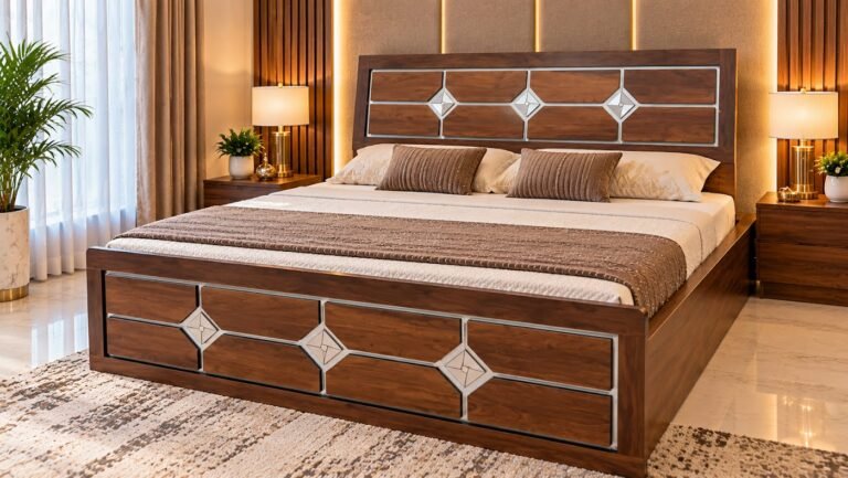 Luxury geometric wooden double bed by Tuba Furniture, Pune