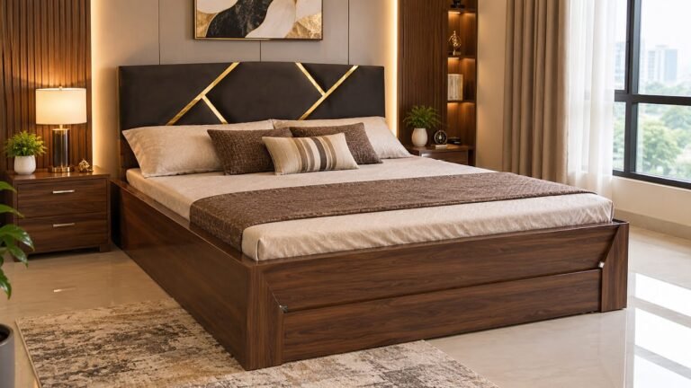 Luxury walnut double bed by Tuba Furniture, Pune