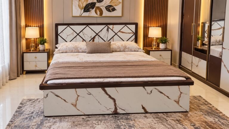 Marble-accented double bed by Tuba Furniture, Pune