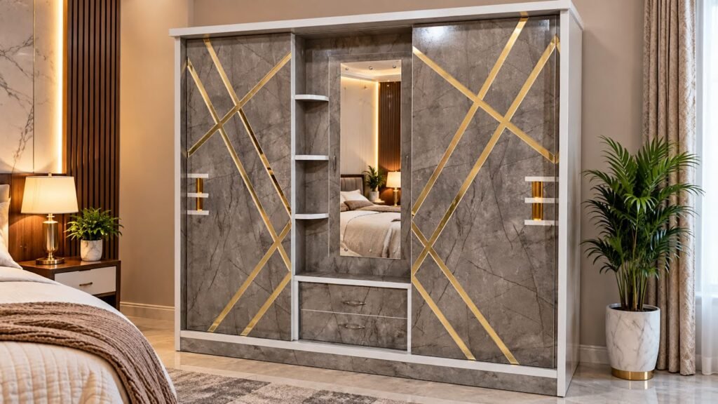 Marble and gold geometric wardrobe by Tuba Furniture, Pune