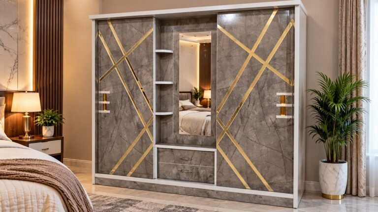 Marble and gold geometric wardrobe by Tuba Furniture, Pune
