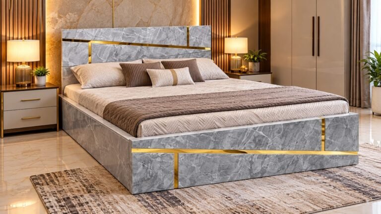 Marble and gold luxury double bed by Tuba Furniture, Pune