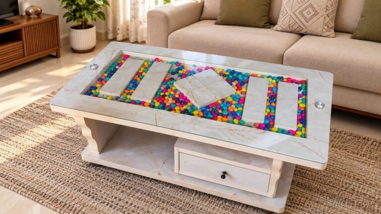 Marble center table with pebble inlay by Tuba Furniture, Pune