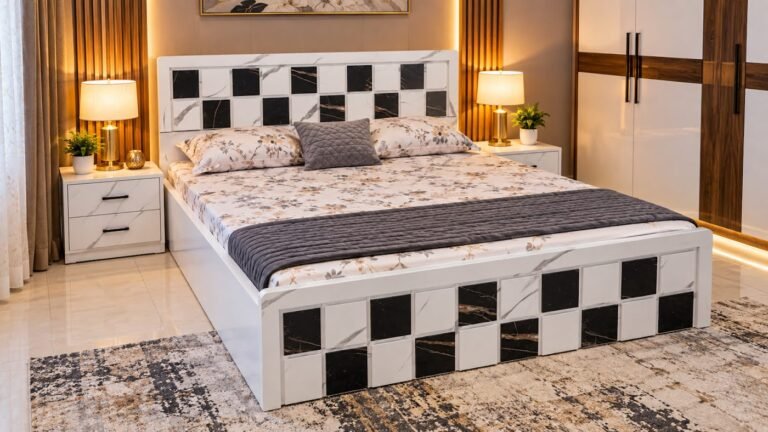 Marble checkerboard double bed by Tuba Furniture, Pune