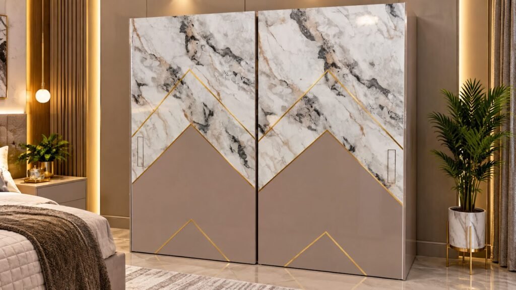 Marble chevron design wardrobe by Tuba Furniture, Pune