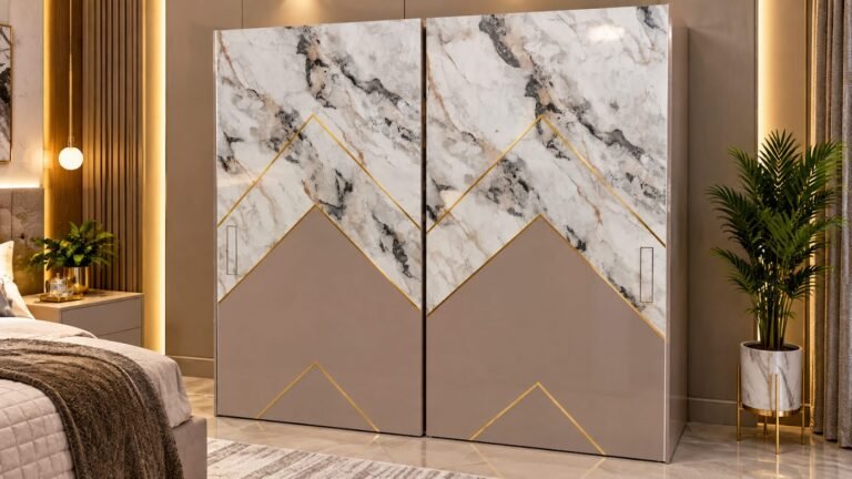 Marble chevron design wardrobe by Tuba Furniture, Pune