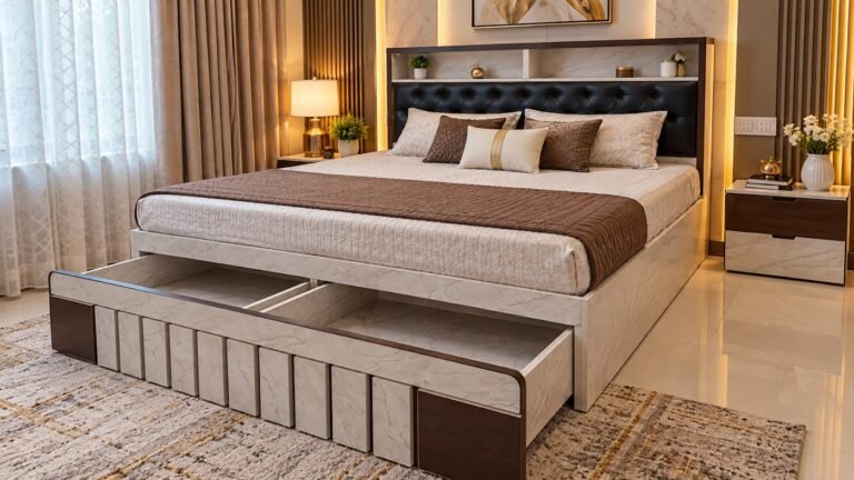 Marble finish storage bed by Tuba Furniture, Pune