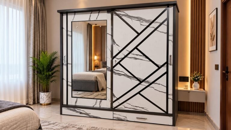 Marble finish sliding wardrobe by Tuba Furniture, Pune