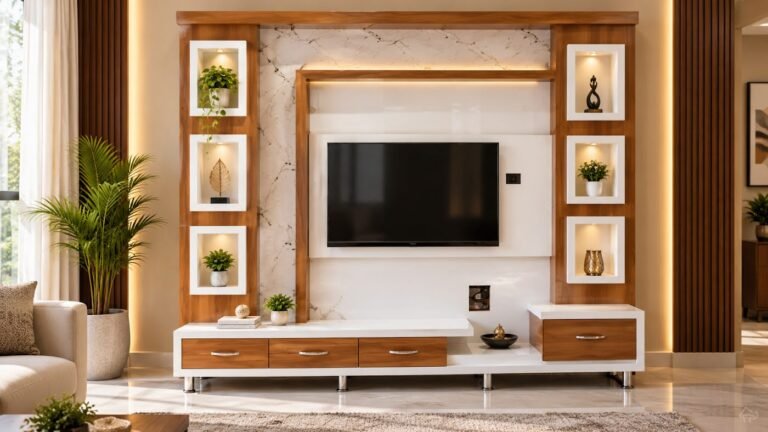 Marble TV wall unit by Tuba Furniture, Pune
