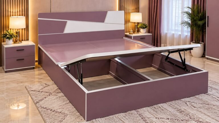 Mauve geometric storage bed by Tuba Furniture, Pune